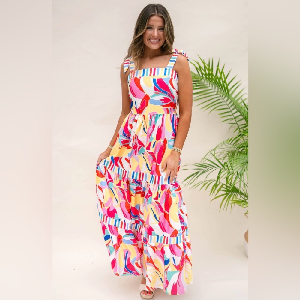🏖️Chic Soul Colorful Abstract Shoulder Tie Maxi Dress